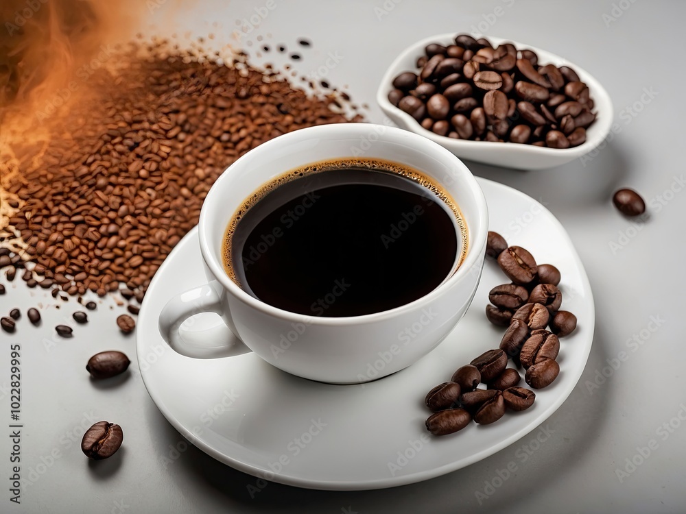 Black coffee in white cup with smoke and coffee beans on colored background. White cup with steaming hot coffee Black coffee in white cup with smoke and coffee beans on colored background. White cup with steaming hot coffee