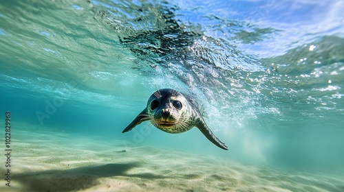 Seal Pup Swimming Playfully Near the Shore: A seal pup is splashing in the shallow waters near the coastline, where the water is clear and the sandy seabed is visible. The seal's playful expression photo