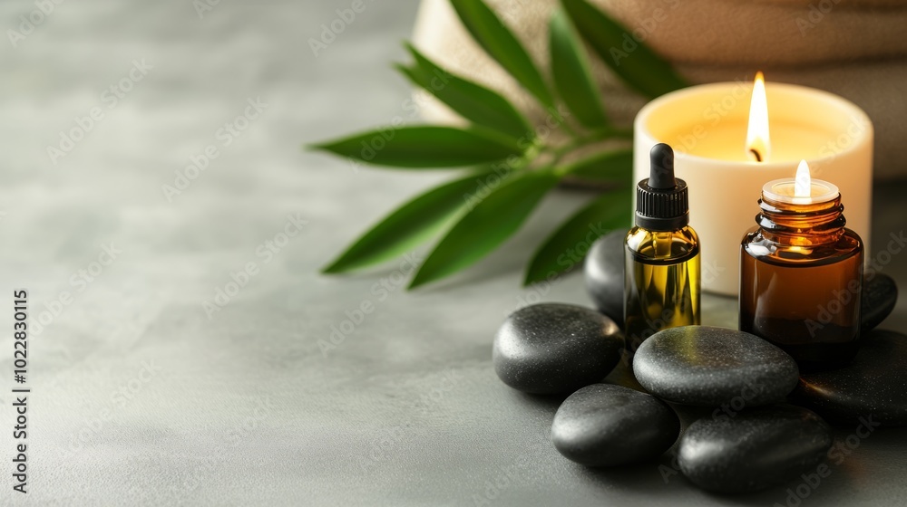 Aromatherapy setup with essential oils, candles, and stones for a relaxing spa atmosphere. Aromatherapy setup with essential oils, candles, and stones for a relaxing spa atmosphere.