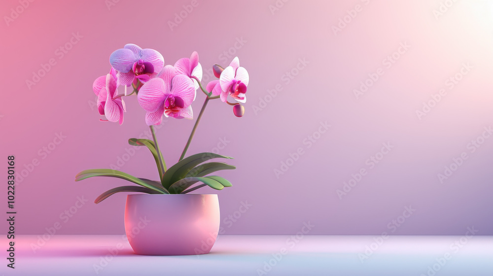 Pink Orchid Flower in Pot on Pink Background Pink Orchid Flower in Pot on Pink Background