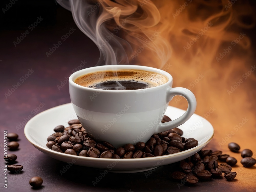 Black coffee in white cup with smoke and coffee beans on colored background. Cup of coffee with rising steam Black coffee in white cup with smoke and coffee beans on colored background. Cup of coffee with rising steam