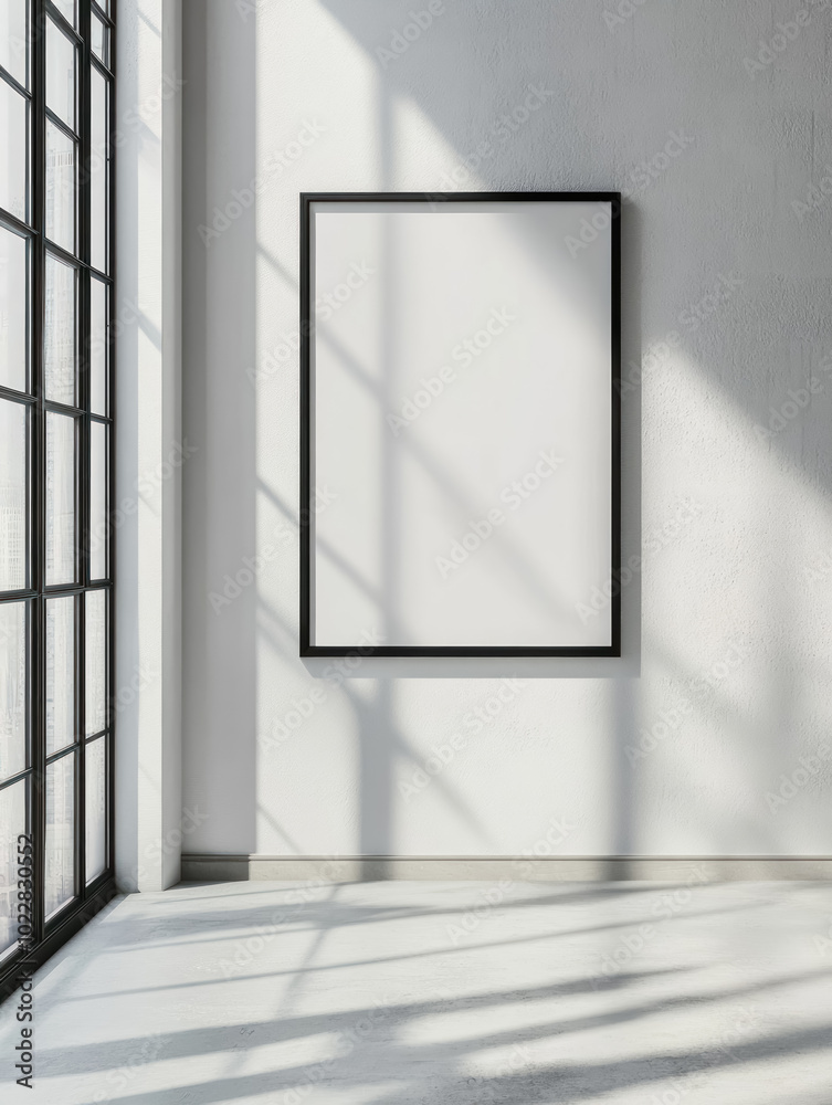 empty frame in bright sunlit room with large window empty frame in bright sunlit room with large window