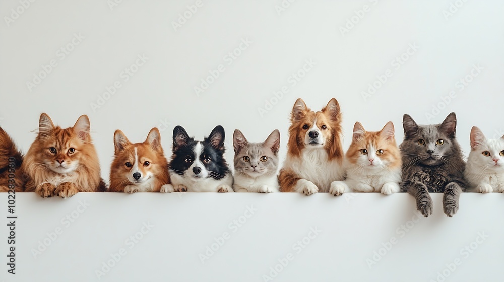Group of cute pets on white background Banner design : Generative AI