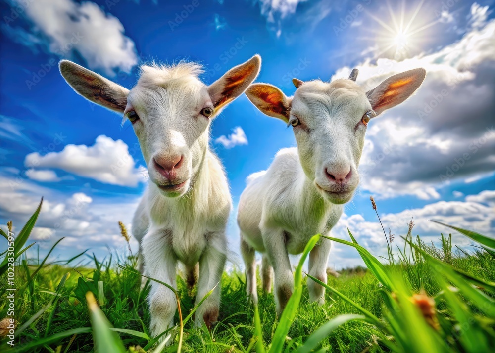 Fototapeta premium Two adorable goats grazing together in a lush green field under a bright blue sky in nature