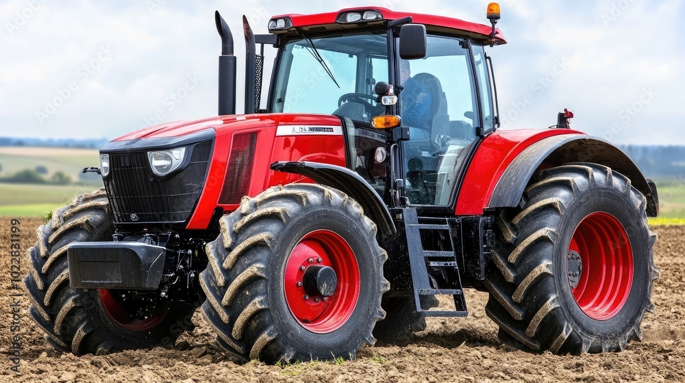 A tractor working the field, with rich soil in the foreground and a breathtaking countryside backdrop. A peaceful rural scene. A tractor working the field, with rich soil in the foreground and a breathtaking countryside backdrop. A peaceful rural scene.
