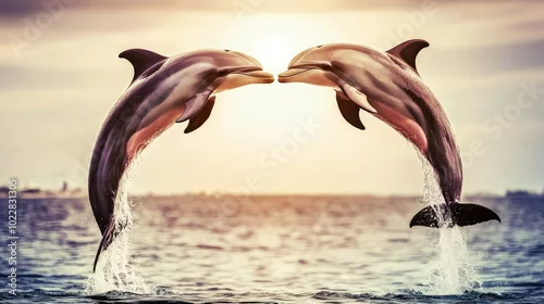 Fototapeta samoprzylepna A Valentine-inspired scene with two pink dolphins jumping in unison, forming a heart in the air with their bodies.