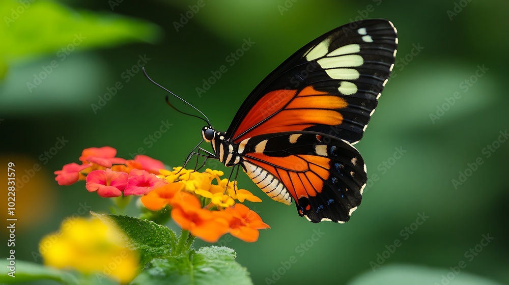 Colorful butterfly alighting on a flower in a natural paradise. Colorful butterfly alighting on a flower in a natural paradise.