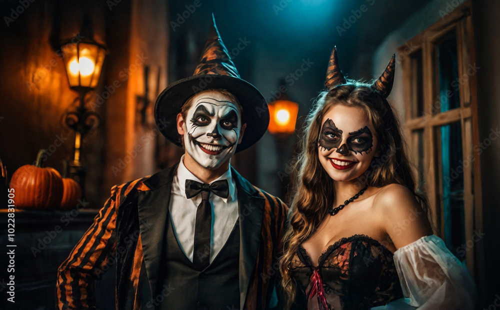 Fototapeta premium A group of friends posing at a Halloween party. They put on their makeup and dressed in Halloween concept