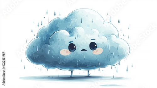 Adorable sad rain cloud character with raindrops in cartoon style