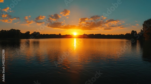 Gorgeous sunrise panorama illuminating the lake with warm, vibrant colors.