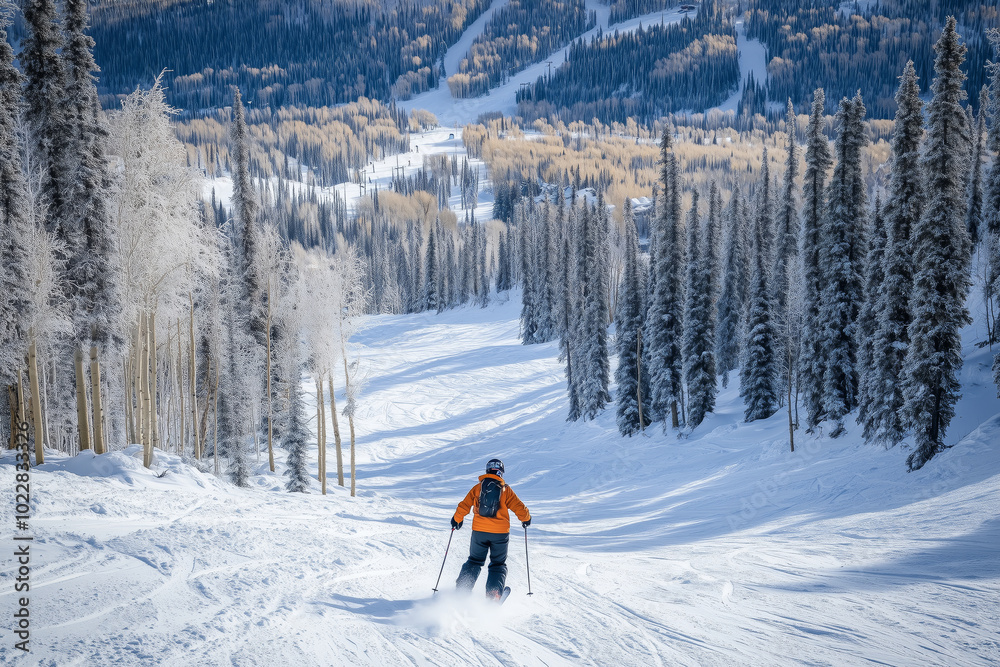 A skier dynamically descends a ski slope. A skier dynamically descends a ski slope.