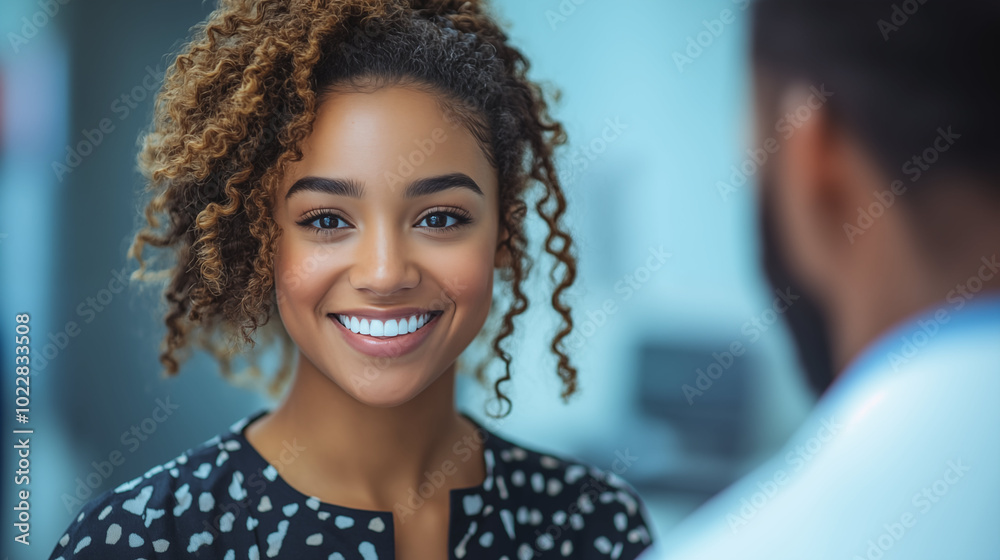 Young woman with curly hair smiling at doctor during medical appointment Young woman with curly hair smiling at doctor during medical appointment