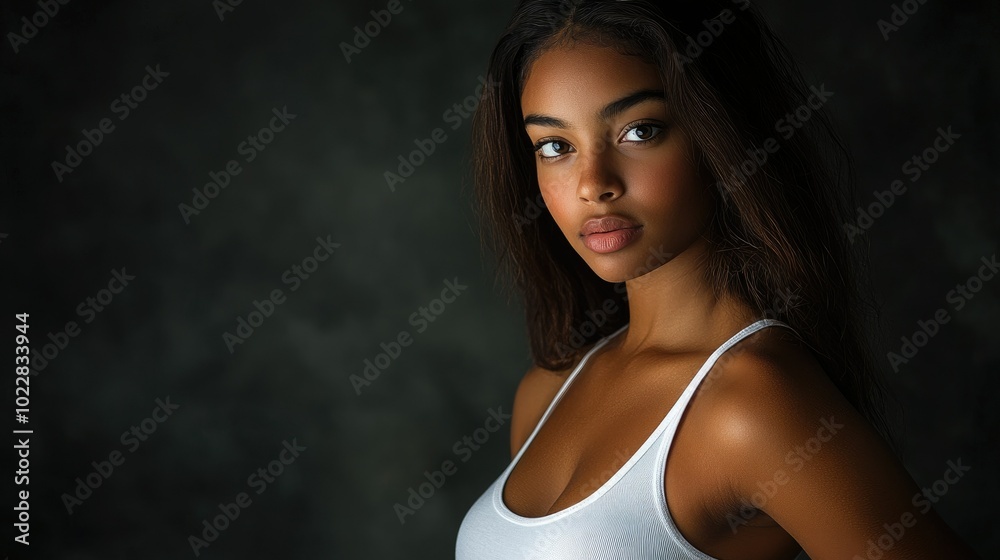 Beautiful woman in white T-shirt Female breast dark background Beautiful woman in white T-shirt Female breast dark background