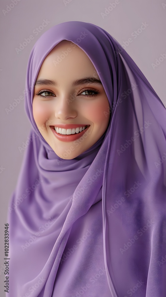 An attractive young woman wearing a hijab, smiling against a solid purple background An attractive young woman wearing a hijab, smiling against a solid purple background