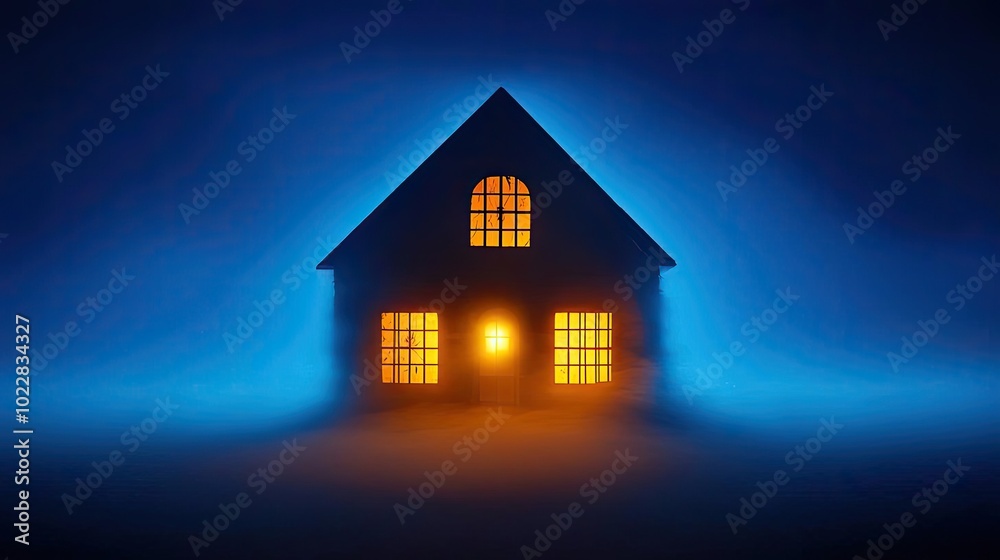 A mysterious house glowing in the night fog, evoking a sense of warmth and intrigue amidst the cool, dark surroundings. A mysterious house glowing in the night fog, evoking a sense of warmth and intrigue amidst the cool, dark surroundings.