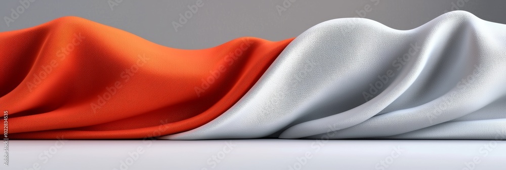 3D Render of White and Orange Cloth Draped Over a Light Gray Background with Soft Lighting and a Sense of Movement Creating an Elegant Composition 3D Render of White and Orange Cloth Draped Over a Light Gray Background with Soft Lighting and a Sense of Movement Creating an Elegant Composition