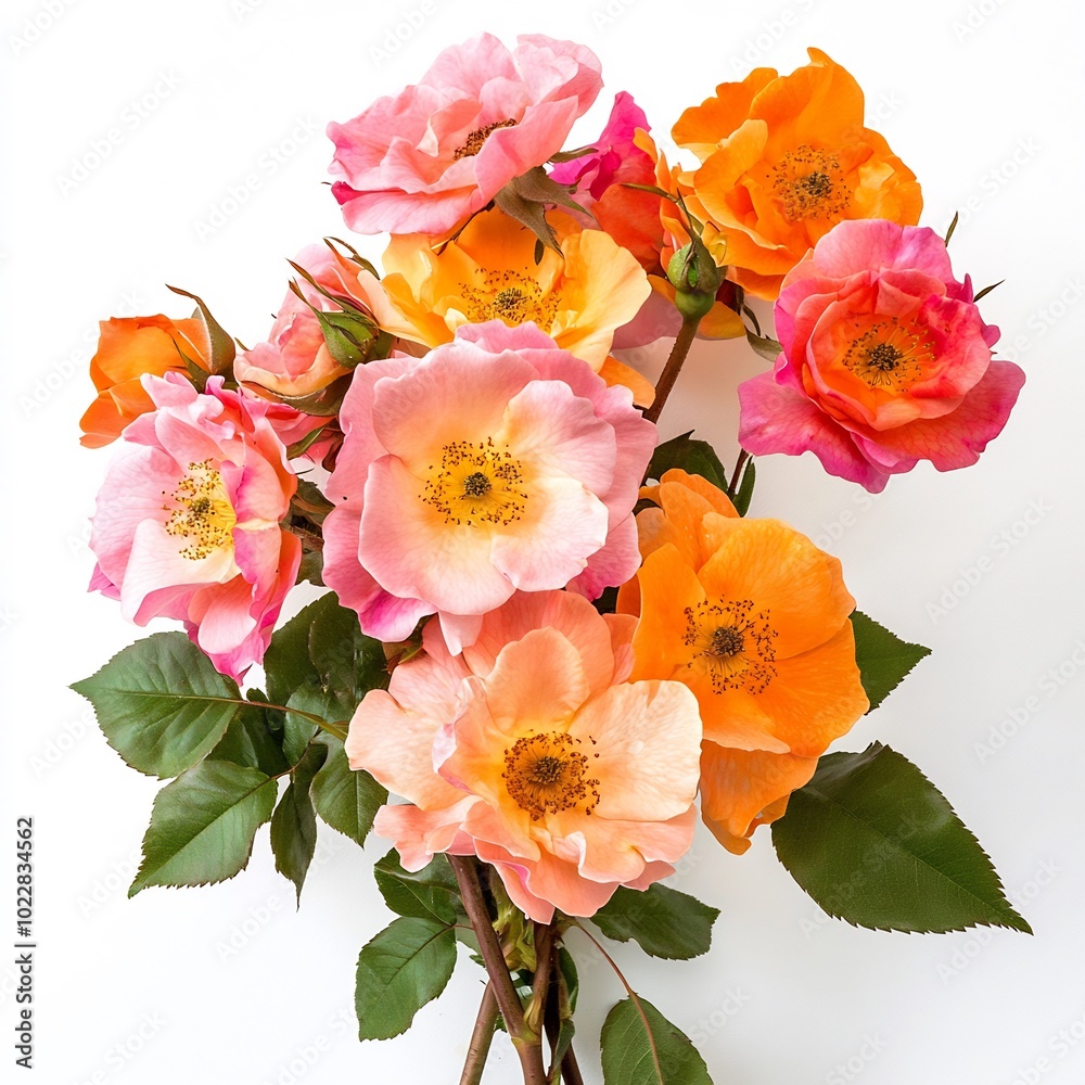 Obraz premium A mixed bouquet of orange and pink Rosa rugosa, close-up, detailed shot, against a white background