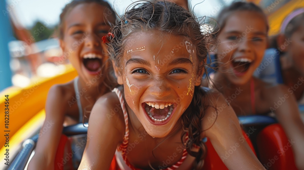 Fototapeta premium Joyful girls screaming with excitement on roller coaster at amusement park