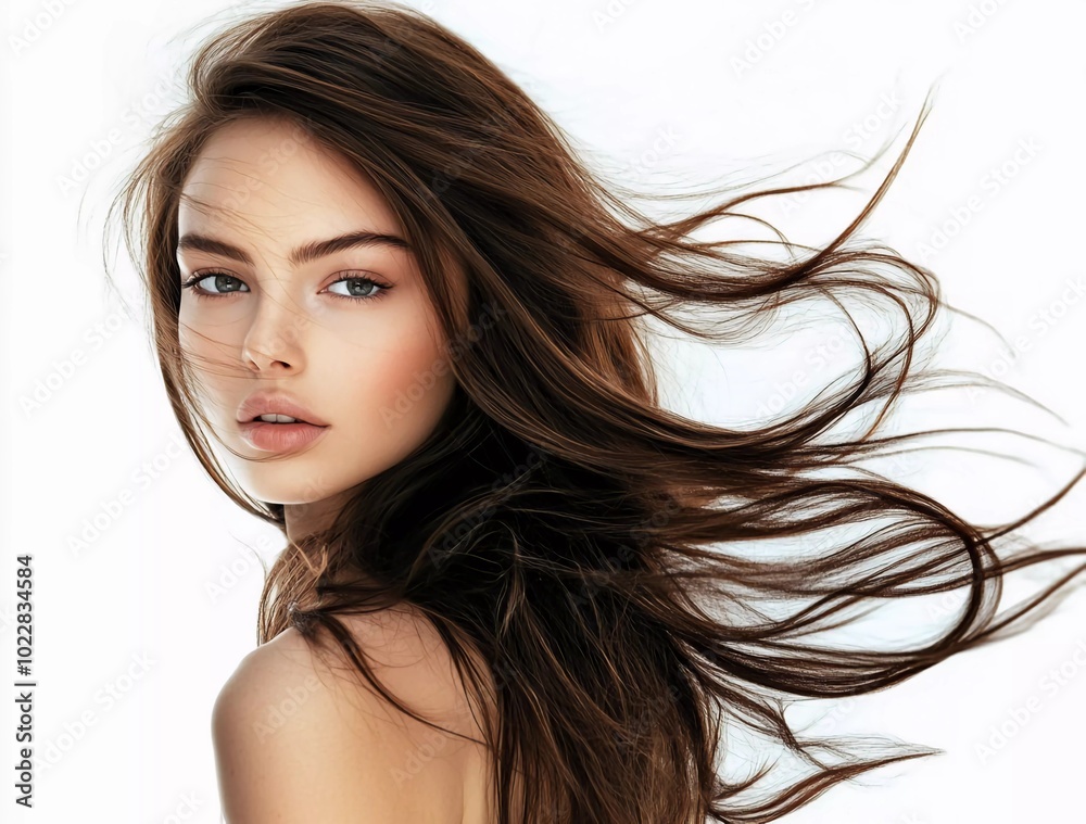 Beautiful woman with long brown hair flowing in the wind, white background, beauty portrait, fashion style