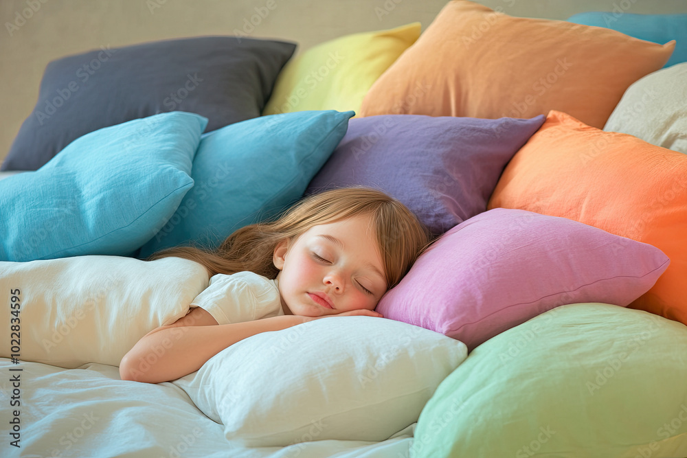 A little girl is sleeping on the bed, surrounded by colorful pillows and sheets. She has her eyes closed with a peaceful expression as she sleeps peacefully in her room. A little girl is sleeping on the bed, surrounded by colorful pillows and sheets. She has her eyes closed with a peaceful expression as she sleeps peacefully in her room.
