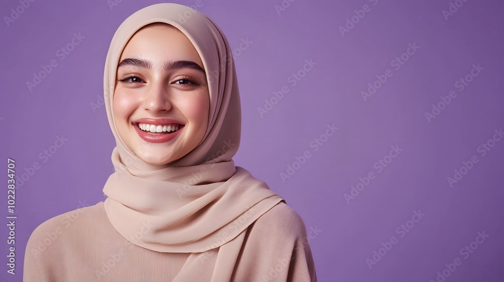 An attractive young woman wearing a hijab, smiling against a solid purple background An attractive young woman wearing a hijab, smiling against a solid purple background
