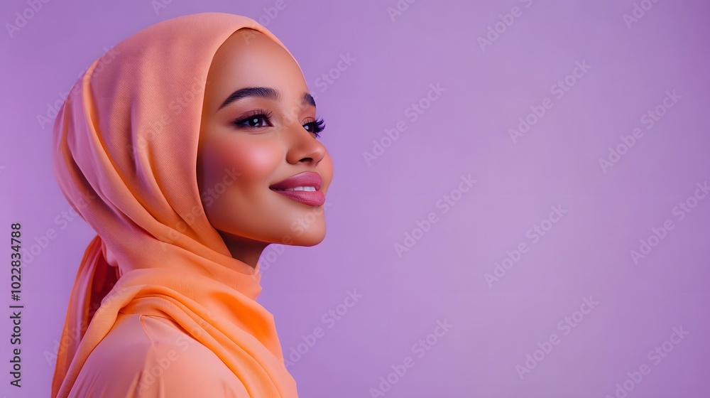 An attractive young woman wearing a hijab, smiling against a solid purple background An attractive young woman wearing a hijab, smiling against a solid purple background