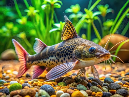 Underwater Scene of a Cory Catfish Swimming Gracefully Amongst Aquatic Plants and Gravel Substrate