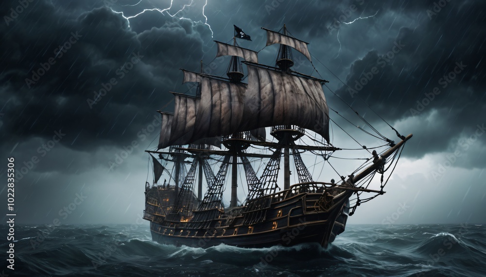 Fototapeta premium illustration of pirates ship in the middle of ocean