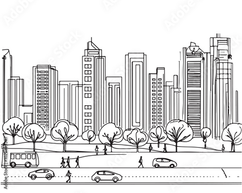 Urban modern landscape. Hand drawn line sketch