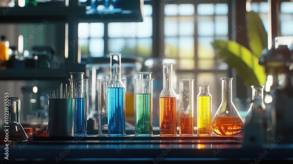 Colorful Chemistry Lab with Glassware and Liquids