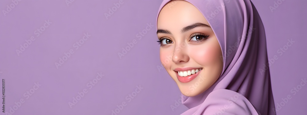 An attractive young woman wearing a hijab, smiling against a solid purple background An attractive young woman wearing a hijab, smiling against a solid purple background