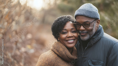 A middle-aged Black couple smiles warmly while embracing during a morning hike in a serene forest setting