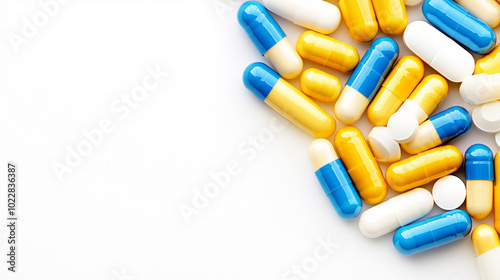 Colorful assortment of capsules and pills on white background