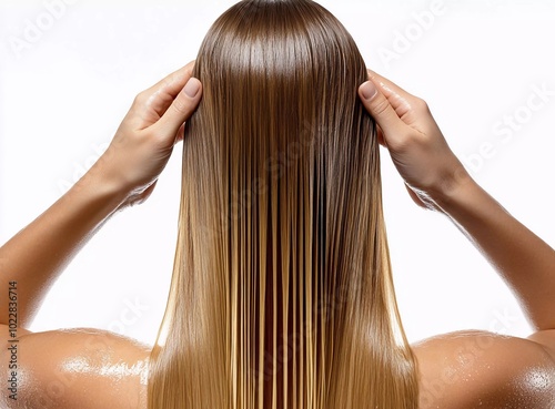 Photo of a woman's back with hands holding her hair, applying oil to her healthy, wet, blonde, straight, long, shiny, and smooth hair on a white background.
