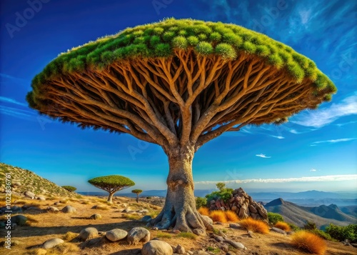 Unique Socotra Dragon Blood Tree with Distinctive Umbrella Shape Against Clear Blue Sky Background