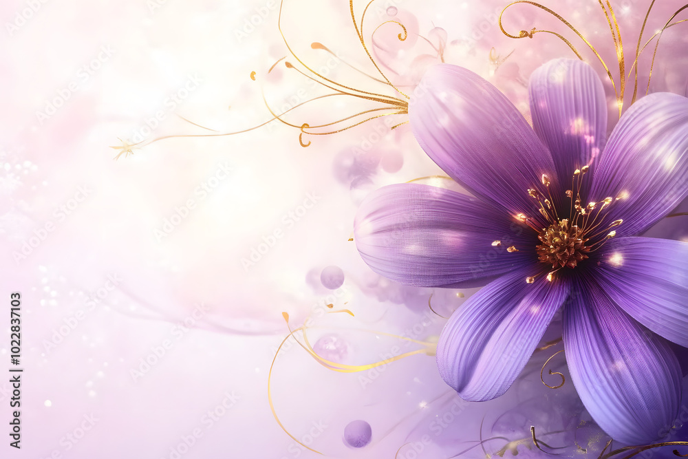 a close up of a purple flower on a white and pink background with a gold swirl around the center of the flower. a close up of a purple flower on a white and pink background with a gold swirl around the center of the flower.