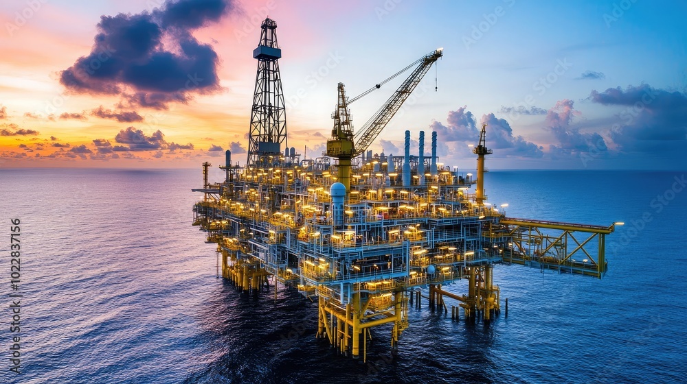 Offshore Oil Rig at Sunset over the Ocean