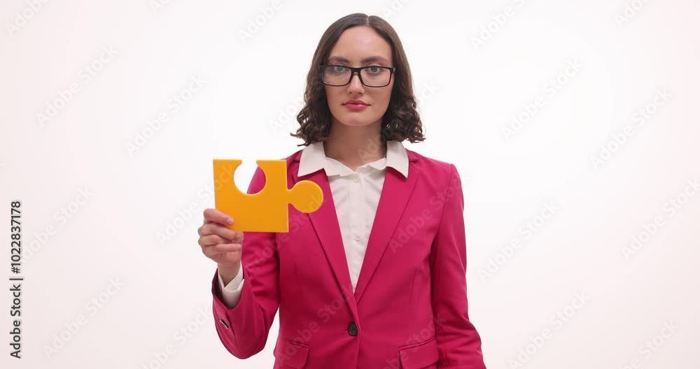Woman connects puzzle pieces representing problem solving on white background. Female represents beginning of solution to ongoing challenges of company Woman connects puzzle pieces representing problem solving on white background. Female represents beginning of solution to ongoing challenges of company