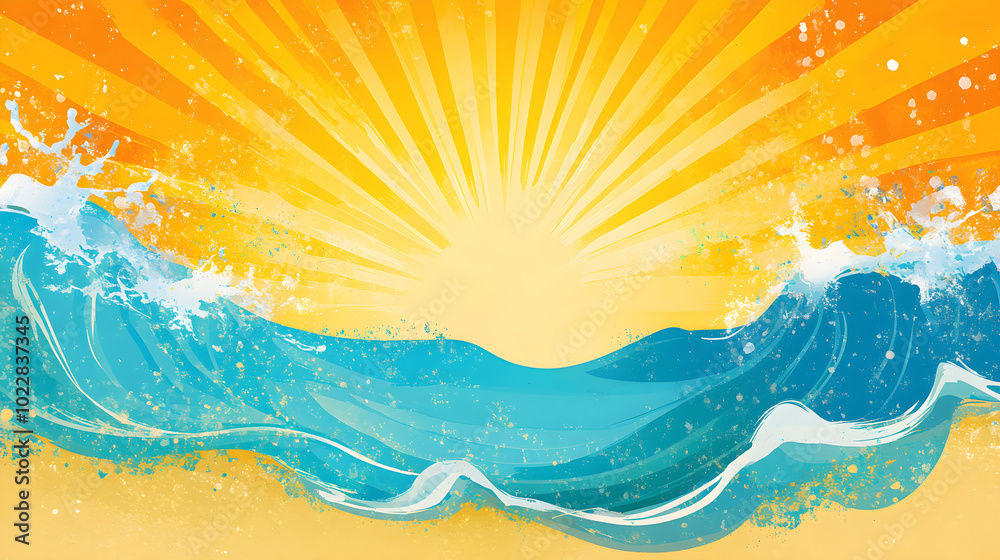 Vivid blue waves crash against the shore under a golden sunrise, creating a refreshing summer beach scene filled with warmth and tranquility Vivid blue waves crash against the shore under a golden sunrise, creating a refreshing summer beach scene filled with warmth and tranquility