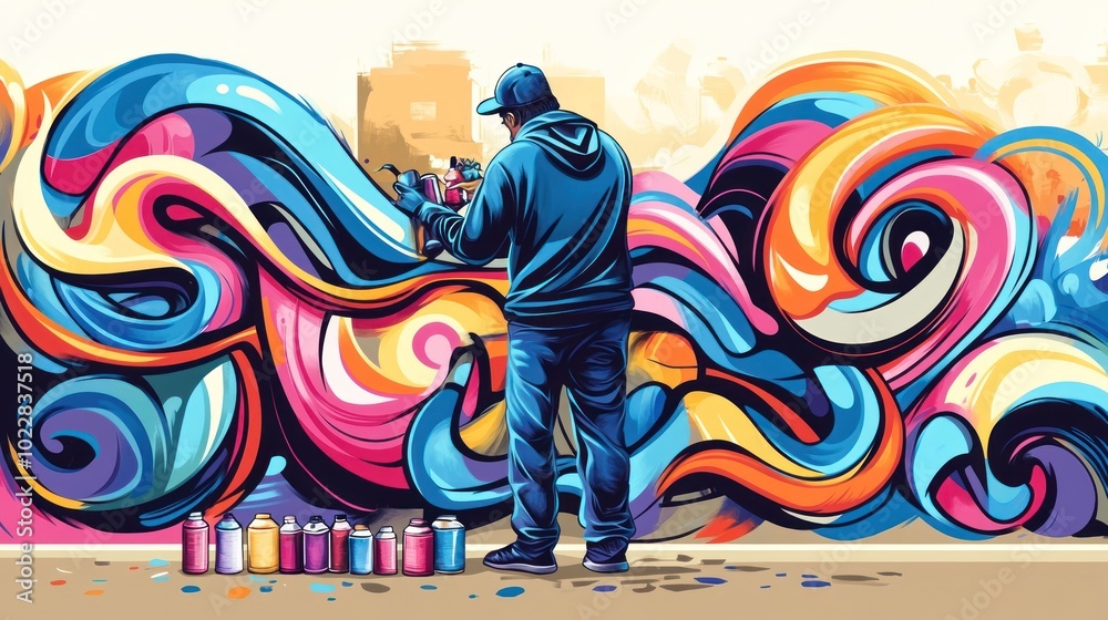 Obraz premium A street artist creates vibrant graffiti with swirling colors on an urban wall.