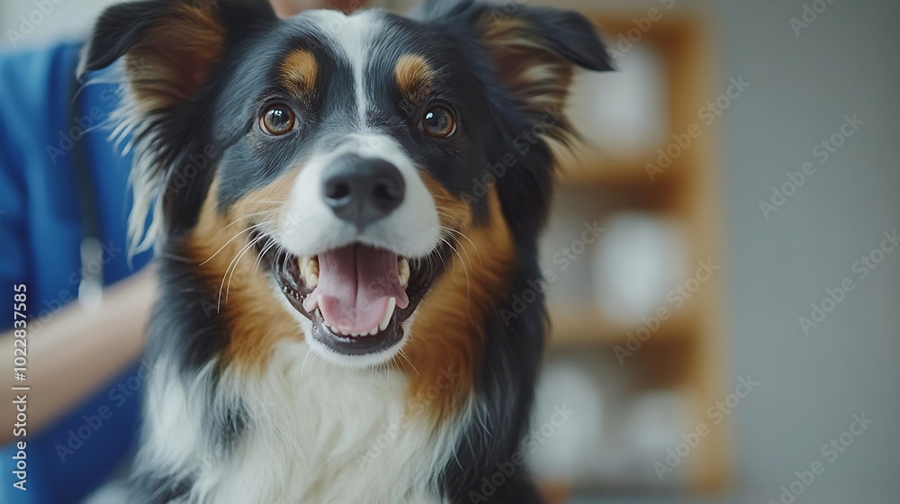 Veterinarian doctor in blue uniform conduct a routine examination of a dog checking teeth on a table in a modern office of a veterinary clinic Treatment and vaccination of pets : Generative AI