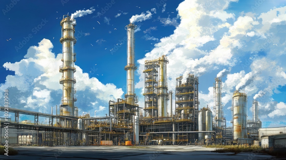 Fototapeta premium Industrial Landscape with Tall Structures and Blue Sky