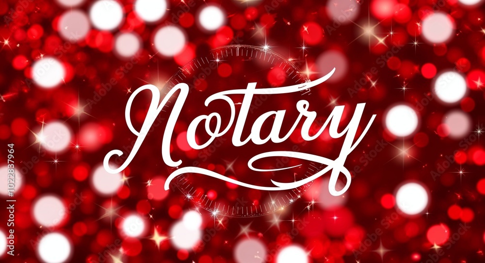notary calligraphic lettering on red bokeh glitter festive sparkles background