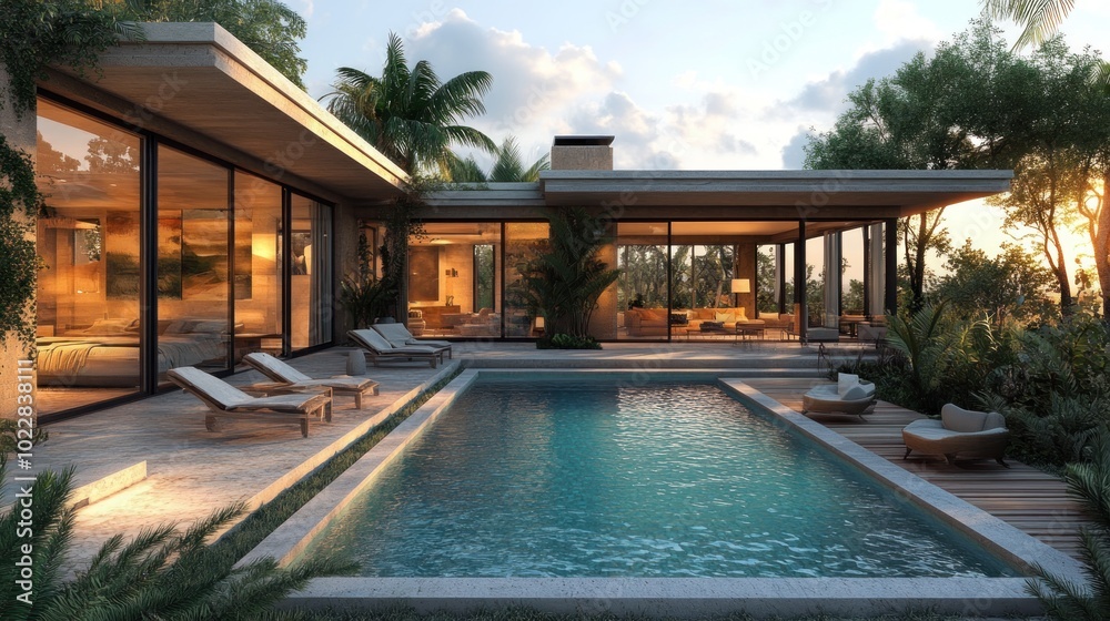 Fototapeta premium Modern home with pool surrounded by tropical plants and trees.