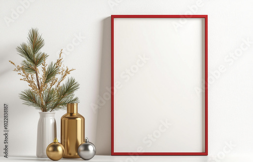  red wooden frame mockup with gold Christmas decorations