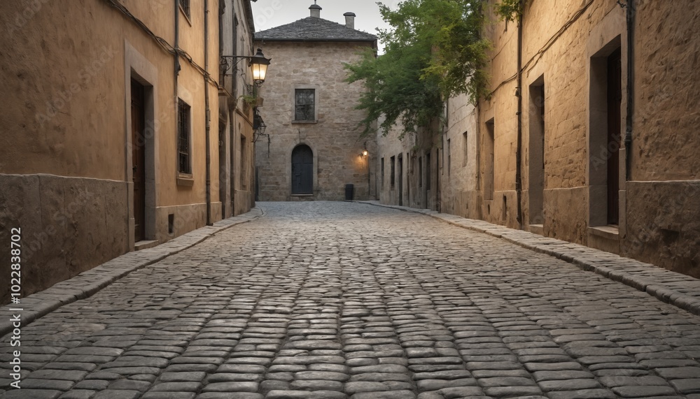 Fototapeta premium A tranquil cobblestone street lined with historic buildings evokes a sense of timeless charm in a quaint village shrouded in morning mist