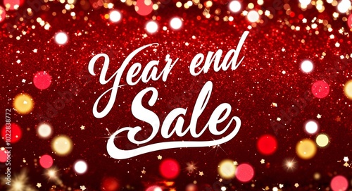 year end sale calligraphic lettering on red bokeh glitter festive sparkles background