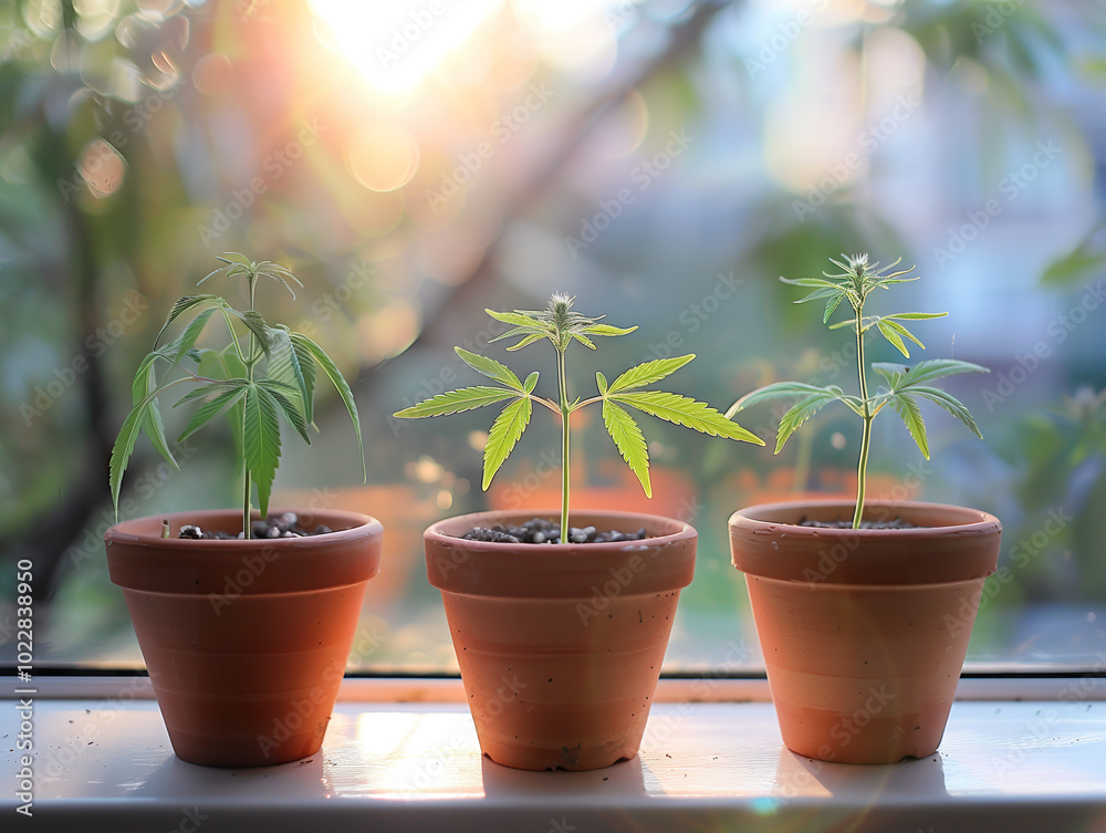 Small cannabis plants growing in clay pots, placed on a wooden table. Small cannabis plants growing in clay pots, placed on a wooden table.