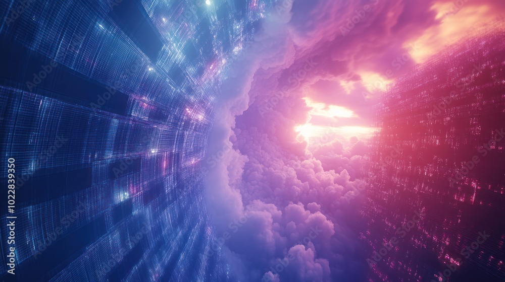 Fototapeta premium A surreal digital landscape with vibrant colors, clouds, and abstract structures.