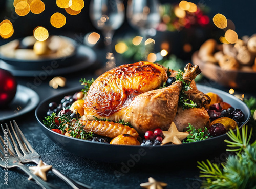 A beautifully decorated Christmas dinner table with an ornate plate of roasted chicken